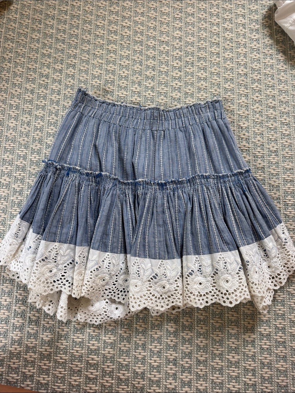 Misa Los Angeles Blue Denim Tiered Skirt with White Eyelet Hem